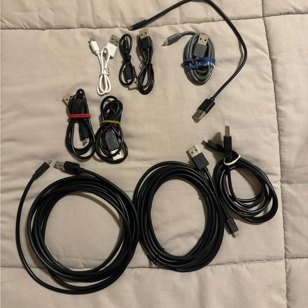 Assorted USB Charging Cables - Black, White, Blue